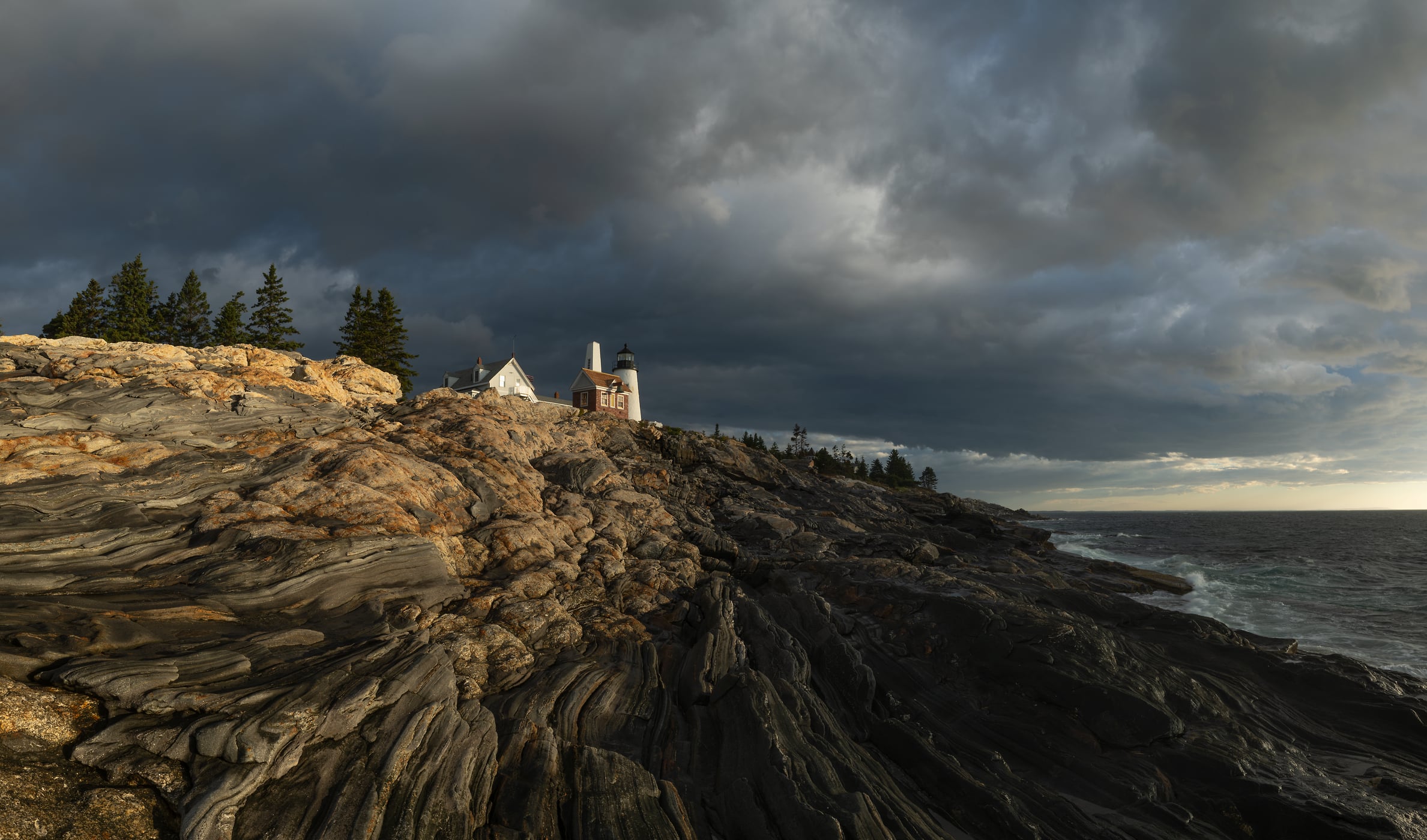 184 megapixels! A very high resolution, large-format VAST photo print of a lighthouse on top of rocks by the coastline; fine art photograph created by Greg Probst at Pemaquid Point Lighthouse in Maine.