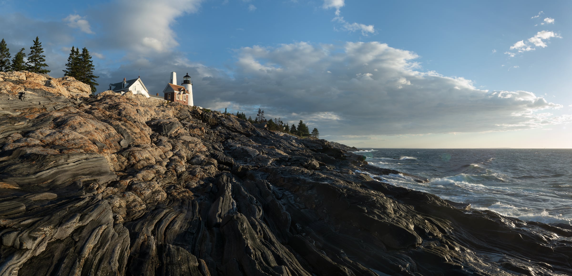 134 megapixels! A very high resolution, large-format VAST photo print of a rocky coastline with a lighthouse; photograph created by Greg Probst at Pemaquid Point Lighthouse in Maine.