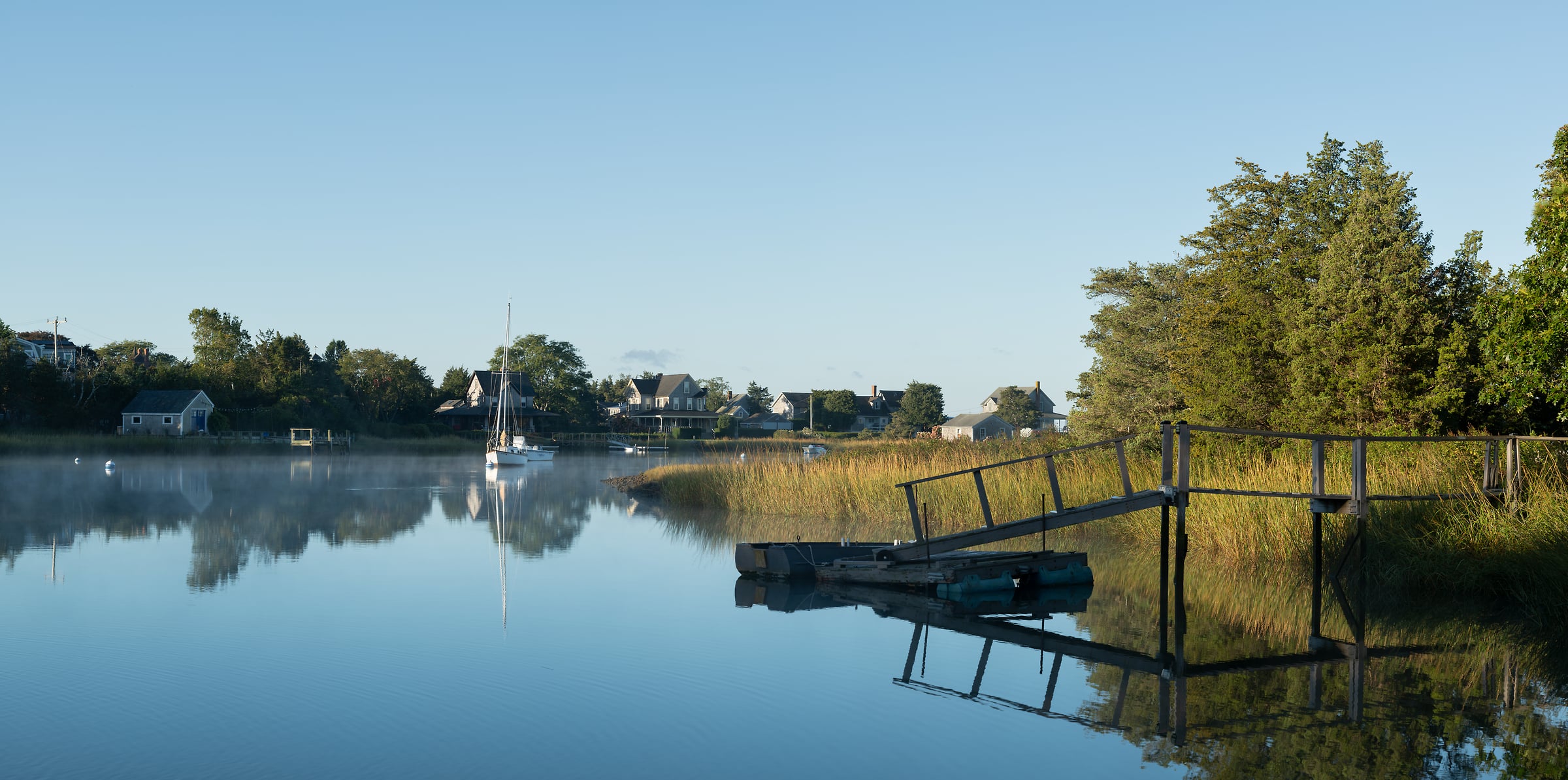 338 megapixels! A very high resolution, large-format VAST photo print of a peaceful harbor in the morning; fine art photograph created by Greg Probst in Snug Harbor, Massachusetts.