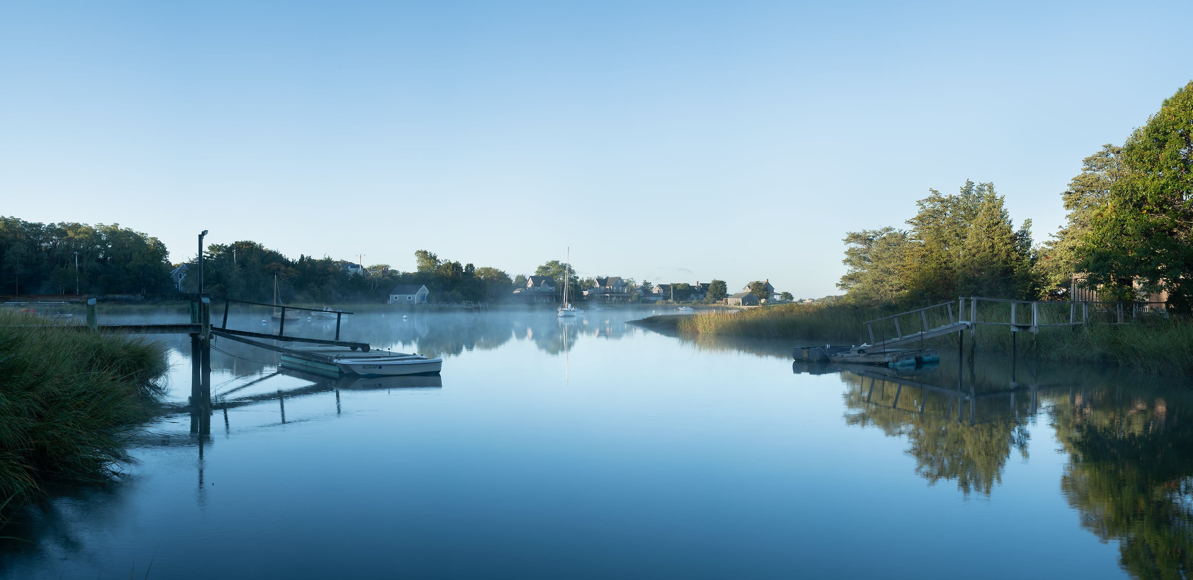 433 megapixels! A very high resolution, large-format VAST photo print of a beautiful harbor with peaceful water, a sailboat, and two docks; fine art photograph created by Greg Probst in Snug Harbor, Massachusetts.