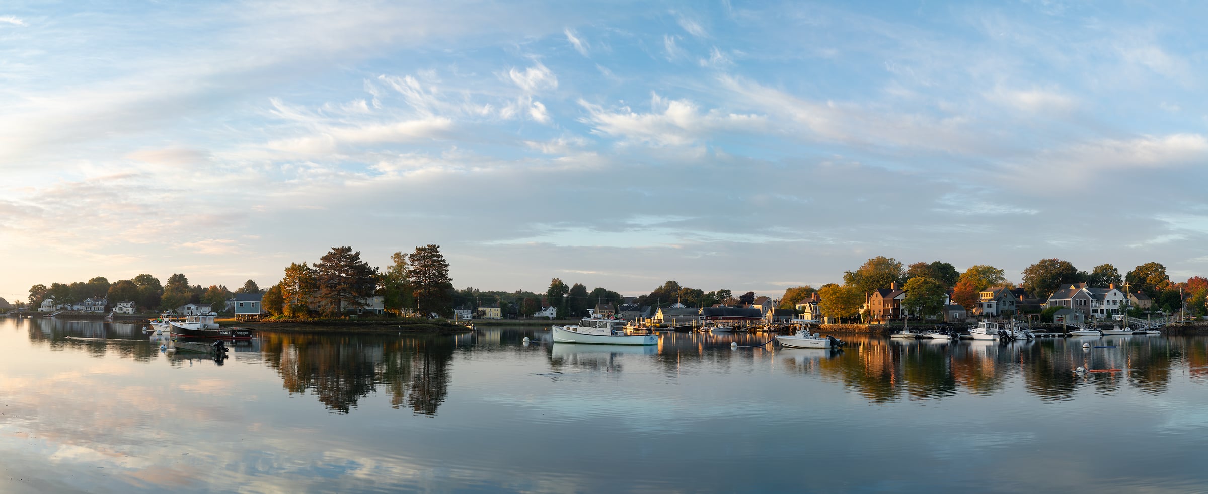 411 megapixels! A very high resolution, large-format VAST photo print of a beautiful harbor in the morning with peaceful water, a sunrise, fishing boats, and pleasant clouds; fine art photograph created by Greg Probst in Portsmouth, New Hampshire.