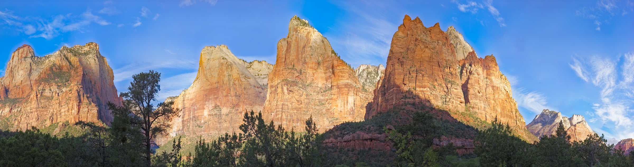 6,781 megapixels! A gigapixel panorama photo of a National Park landscape with towering rock faces; ultra-high-resolution photograph created by John Freeman in Zion National Park, Utah.