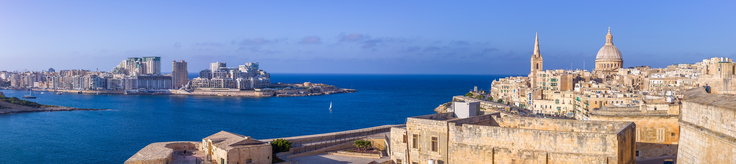 236 megapixels! A very high resolution, large-format VAST photo print of Valletta, Malta on a beautiful blue-sky day; panorama photograph created by Assaf Frank.