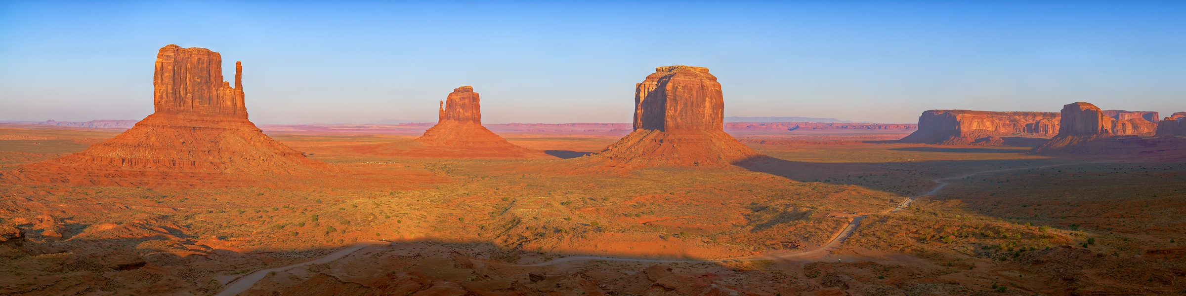 5,266 megapixels! A very high resolution, gigapixel panorama photo of an American landscape with a desert and rock formations; photograph created by John Freeman in Monument Valley Tribal Park, Oljato-Monument Valley, Utah.