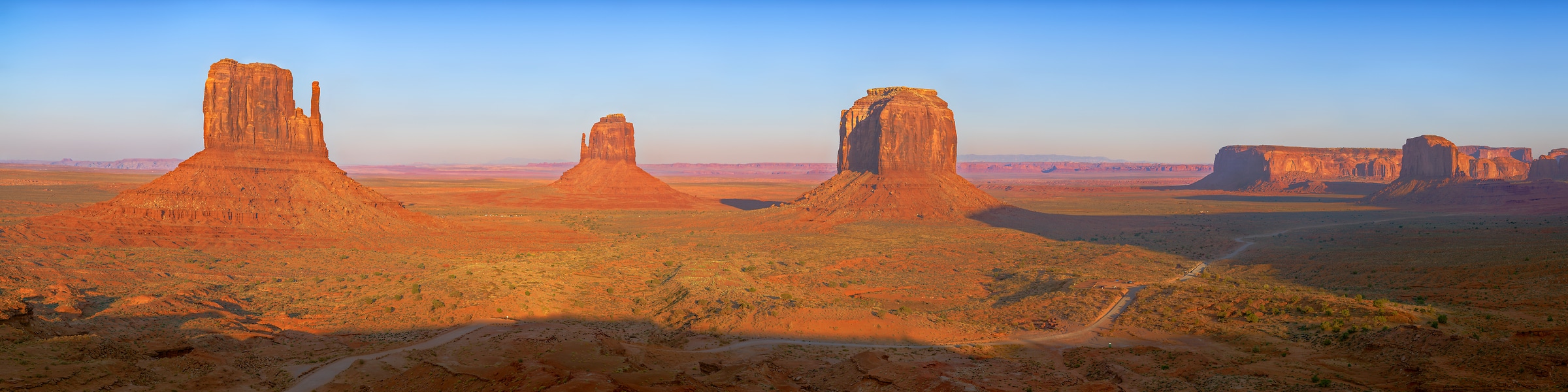 5,266 megapixels! A very high resolution, gigapixel panorama photo of an American landscape with a desert and rock formations; photograph created by John Freeman in Monument Valley Tribal Park, Oljato-Monument Valley, Utah.