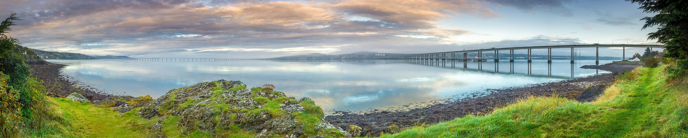 261 megapixels! A very high resolution, large-format VAST photo print of two bridges over a peaceful river at sunrise; panorama photograph created by Assaf Frank in Dundee, United Kingdom.