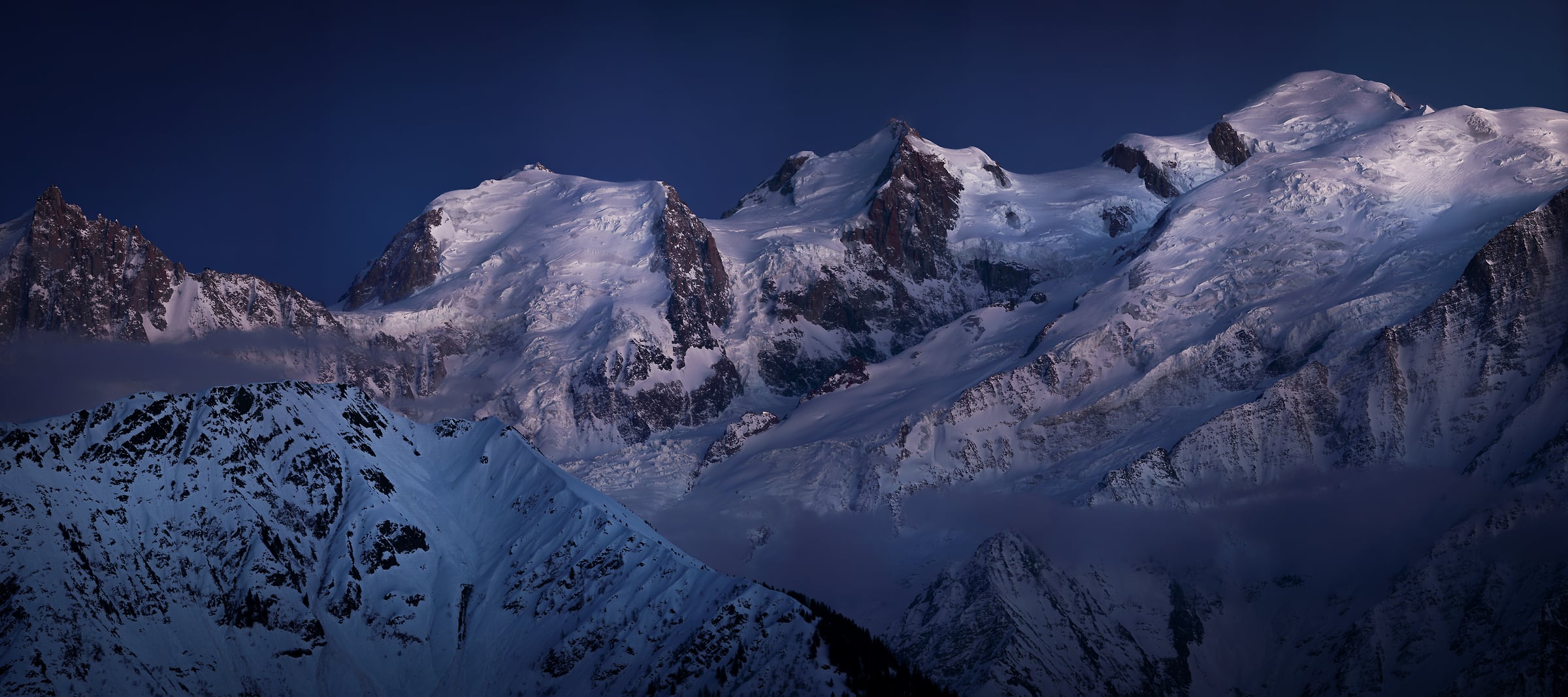 330 megapixels! A very high resolution, large-format VAST photo print of Mont Blanc mountain range at the blue hour of twilight; mountain landscape photograph created by Alexandre Deschaumes.