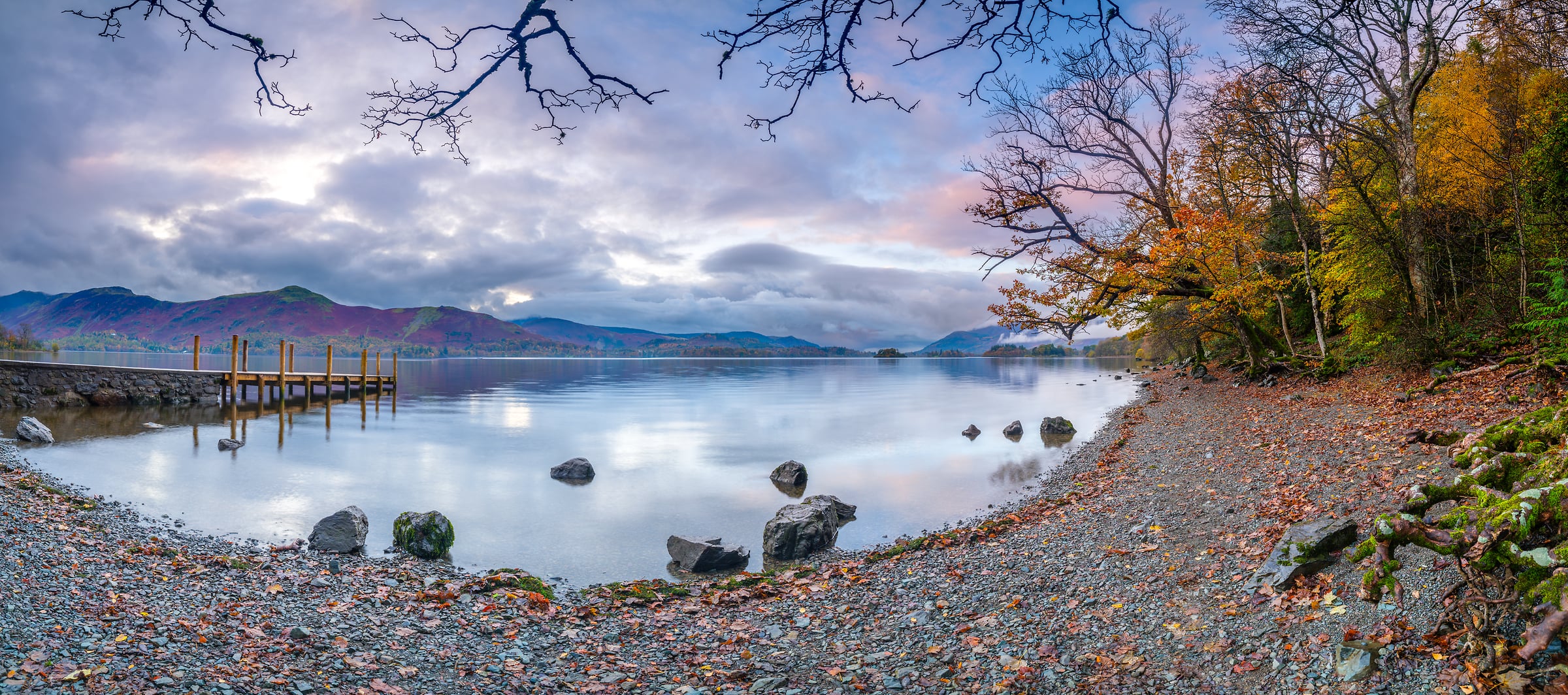 205 megapixels! A very high resolution, large-format panoramic photo of a beautiful, peaceful lake with mountains in the background and autumn trees in the foreground; landscape photograph created by Assaf Frank in Keswick, Lake District, United Kingdom.