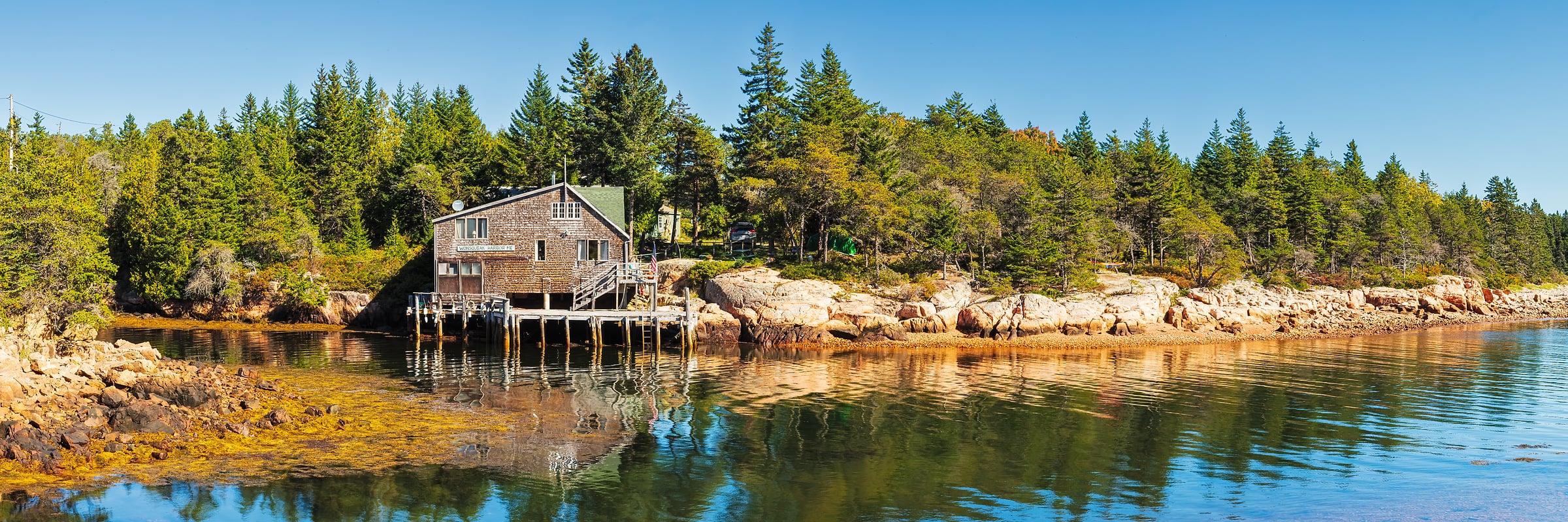 169 megapixels! A very high resolution, large-format VAST photo print of the Maine coastline with a cabin; photograph created by John Freeman in Wonsqueak Harbor, Gouldsboro, Maine.