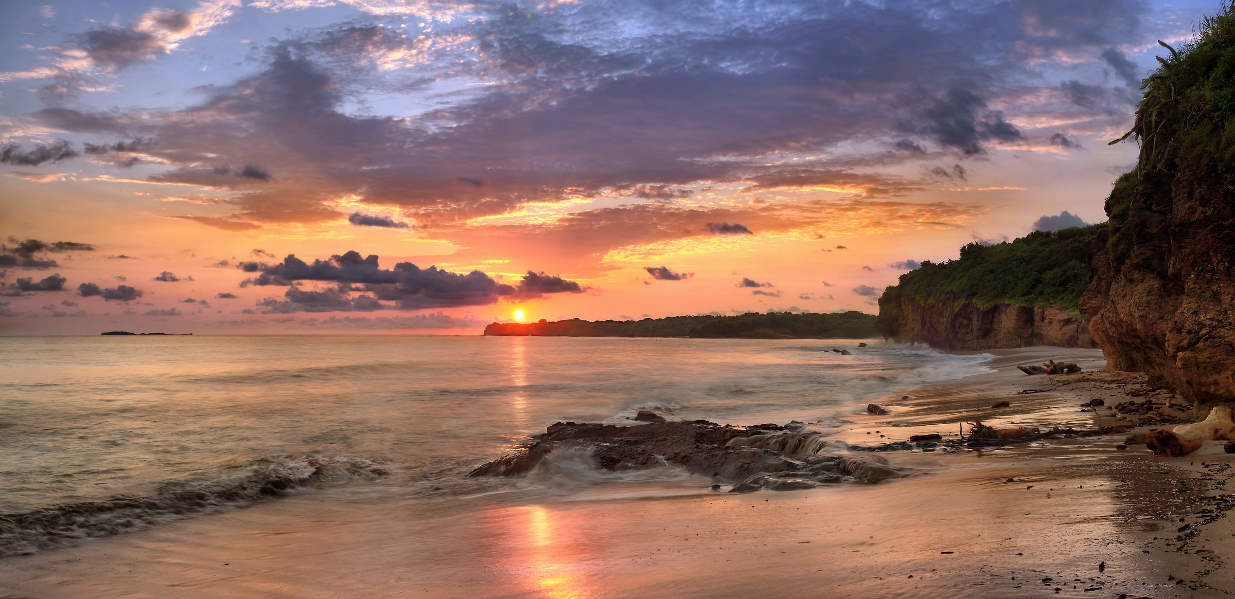 156 megapixels! A very high resolution, large-format VAST photo print of sunset over the ocean on the Pacific coast with waves crashing in the foreground and colorful clouds in the sky; fine art photograph created by Phil Crawshay in Punta Mita, Nayarit, Mexico.