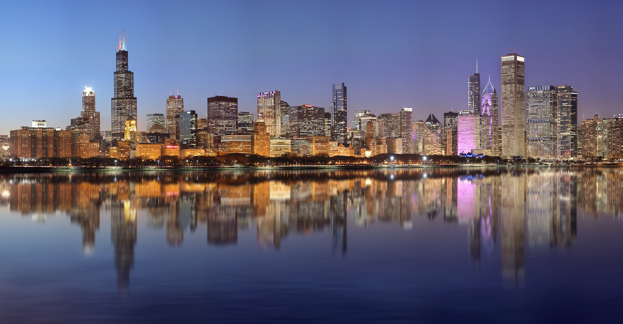 713 megapixels! A very high resolution, large-format VAST photo print of the Chicago skyline reflecting in Lake Michigan at dusk; cityscape photograph created by Phil Crawshay in Chicago, Illinois.