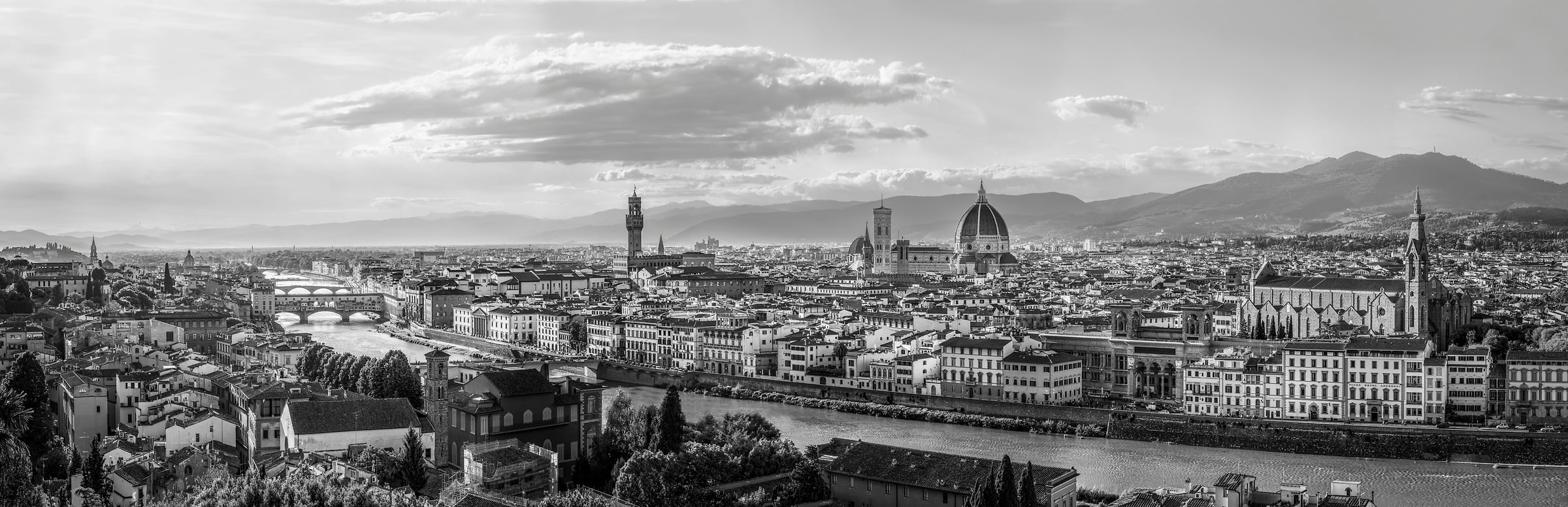 917 megapixels! A very high resolution, large-format photo print of a landscape scene in Italy with the city of Florence visible and mountains in the background at sunset; photograph created by Justin Katz from Piazzale Michelangelo in Florence, Toscana, Italy.