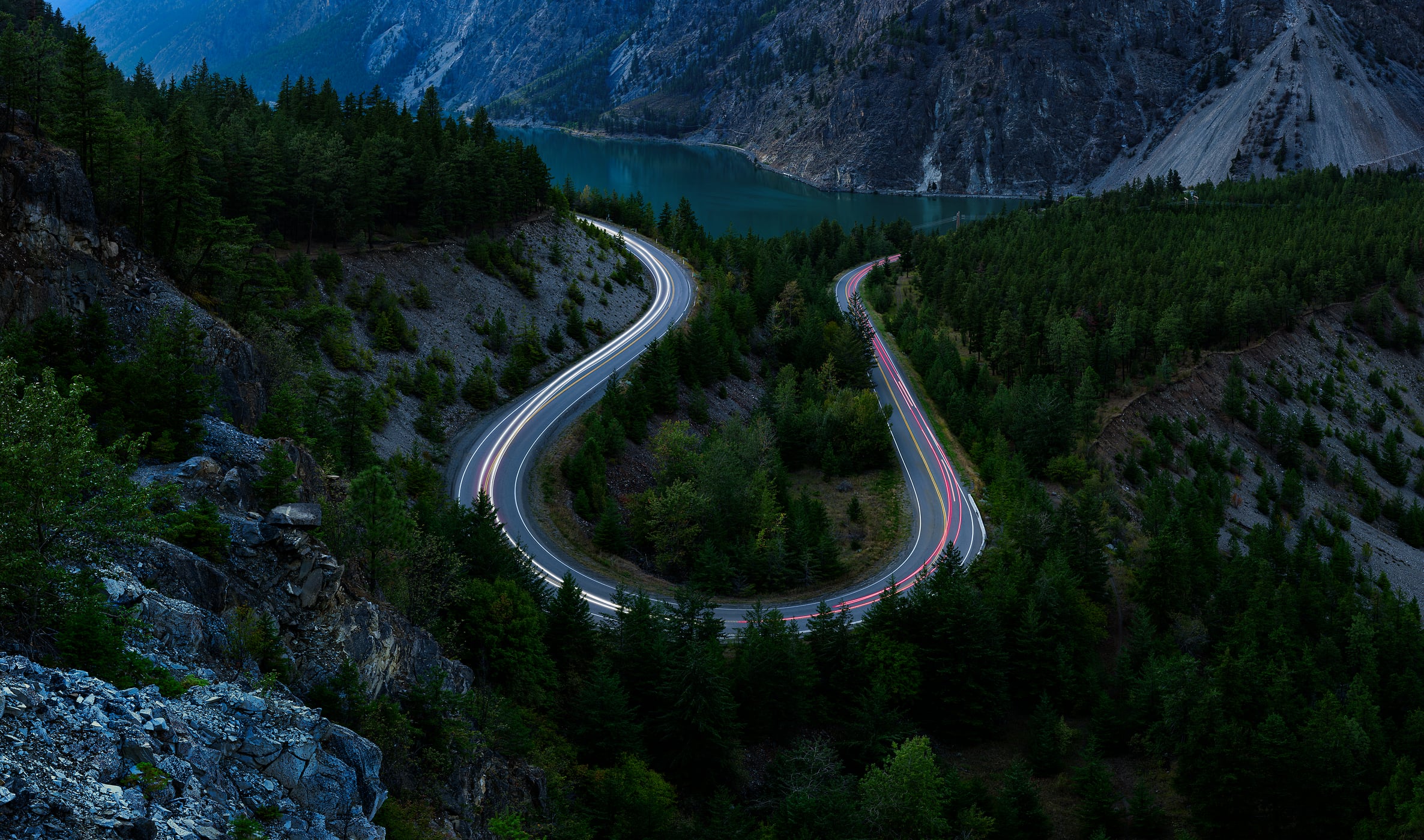 1,427 megapixels! A very high resolution, large-format VAST photo print of a curving road at night; fine art photograph created by Scott Dimond on Highway 99 in British Columbia, Canada.