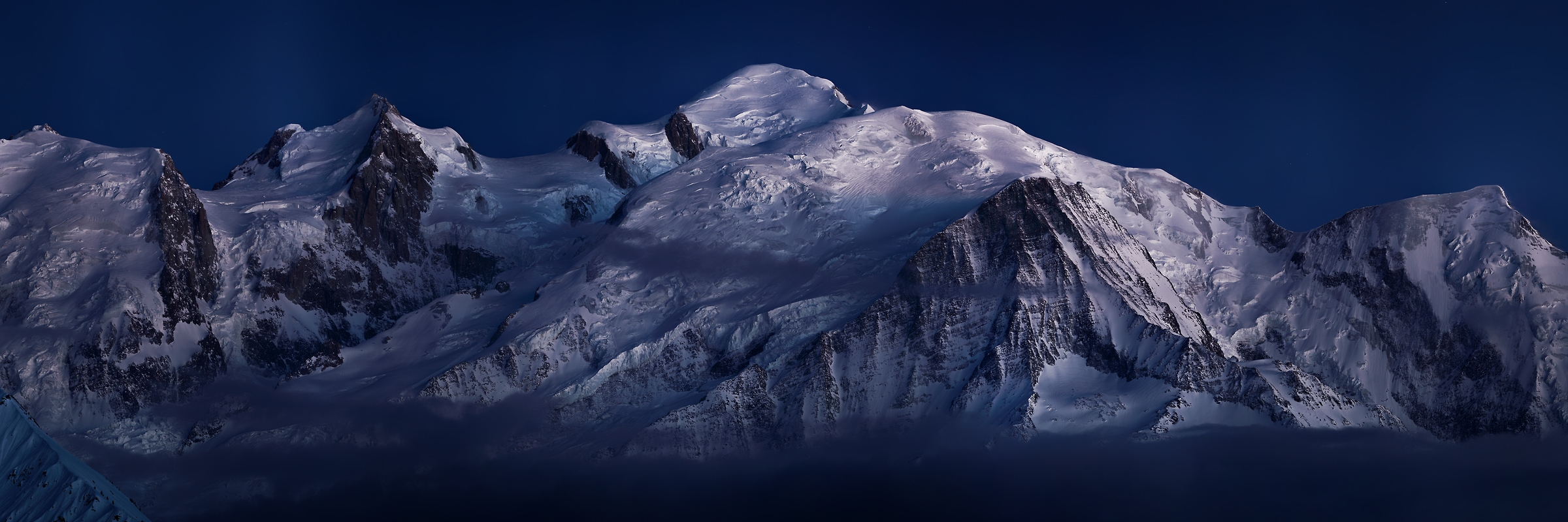 316 megapixels! A very high resolution, large-format VAST photo print of the Mont Blanc mountain range at night; mountain landscape photograph created by Alexandre Deschaumes.