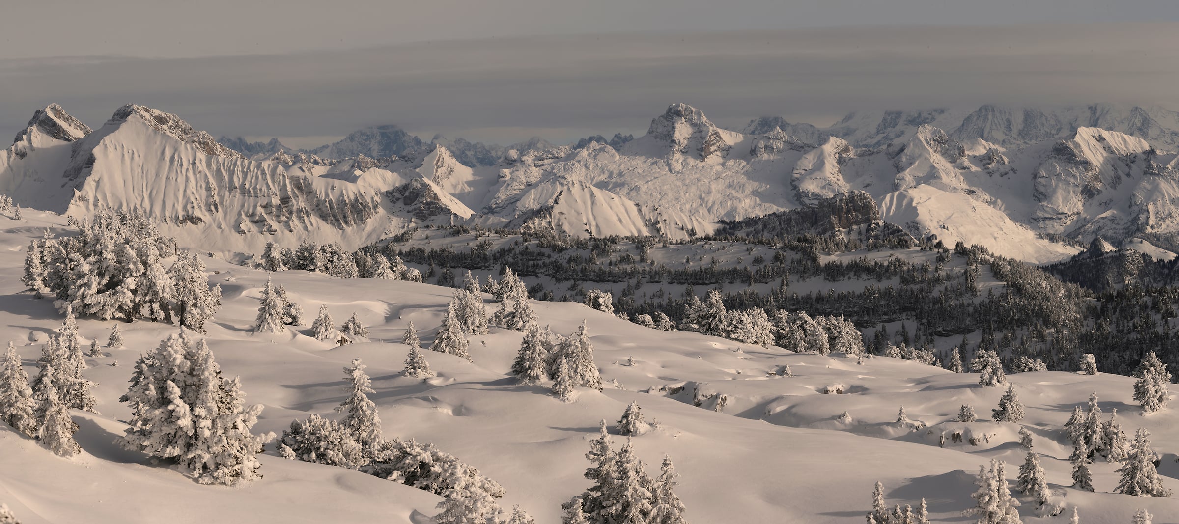 504 megapixels! A very high resolution, panorama photo print of a beautiful winter scene with snow-covered mountains, trees, and hills; landscape photograph created by Alexandre Deschaumes.