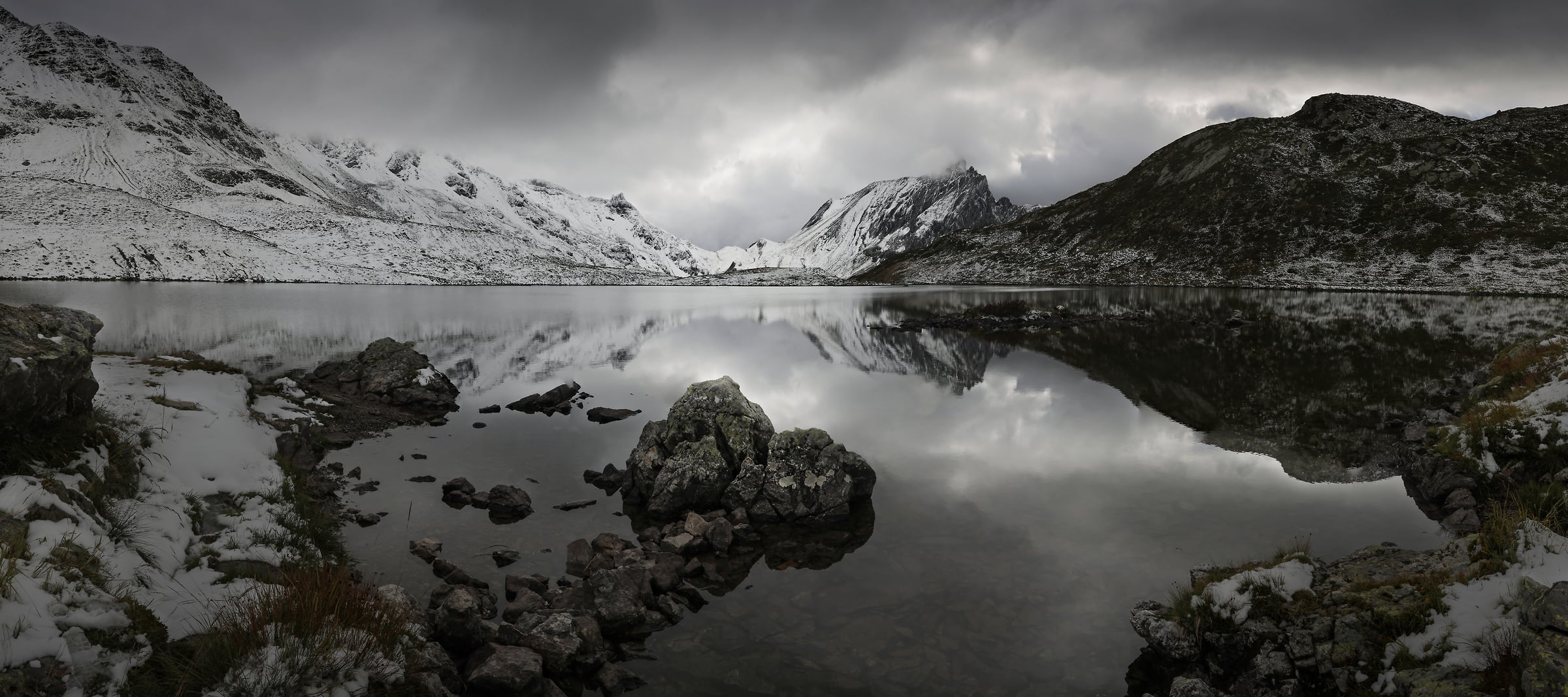 143 megapixels! A very high resolution, large-format VAST photo print of mountain lake with a moody, dim aesthetic; landscape photograph created by Alexandre Deschaumes at the Jovet Lakes in the French Alps.