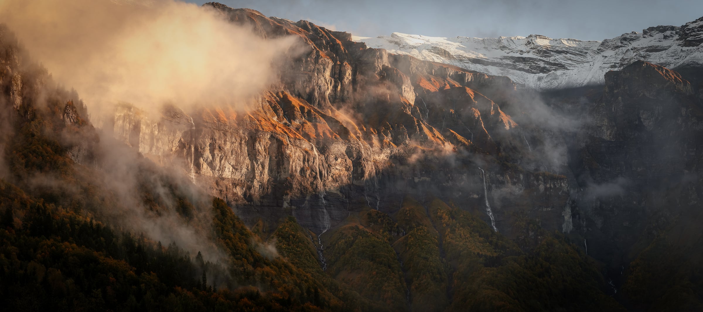 266 megapixels! A very high resolution, large-format VAST photo print of a mysterious landscape with a mountain ridge, cliffs, waterfalls, and mist; photograph created by Alexandre Deschaumes at Cirque du Fer-à-Cheval, France.