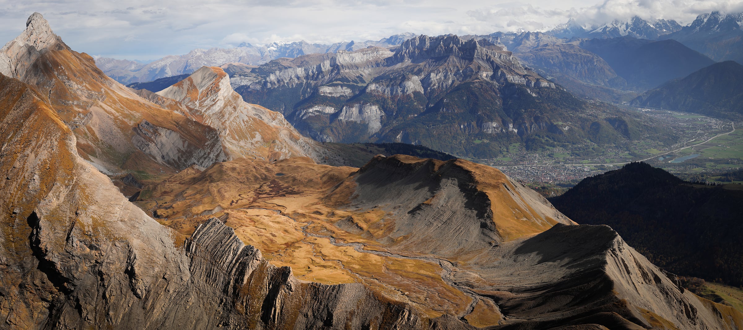 427 megapixels! A very high resolution, large-format VAST photo print of the Aravis Range of mountains in France with the Vallée du Mont Blanc in the background; landscape photograph created by Alexandre Deschaumes.