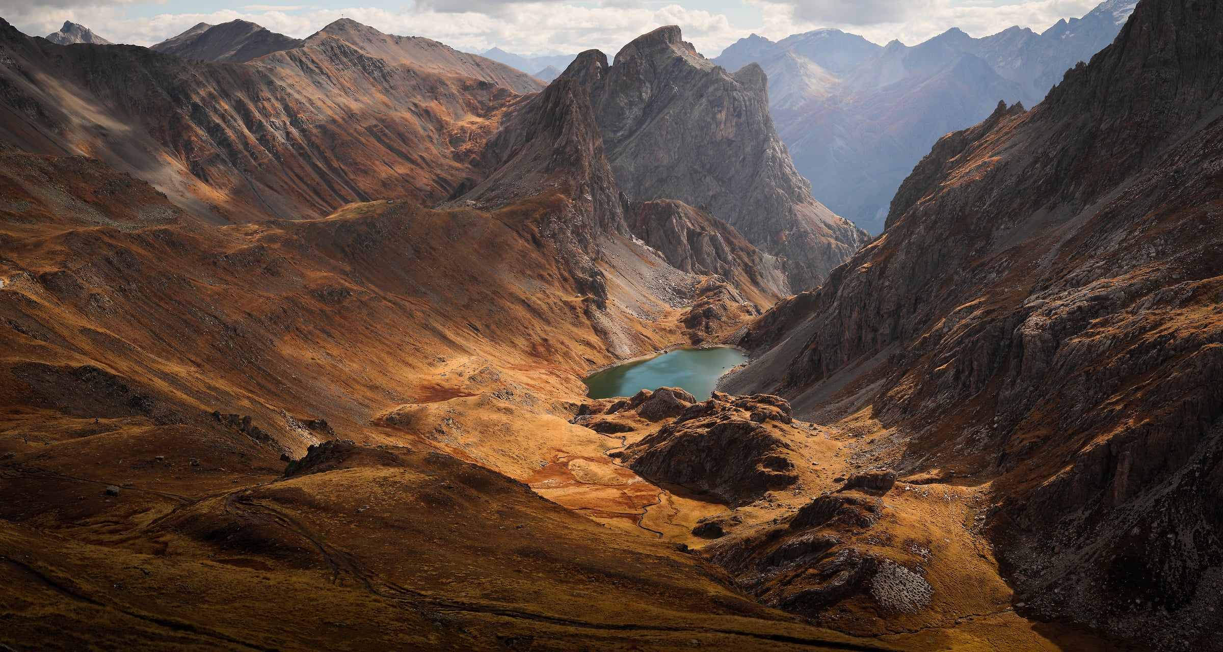 306 megapixels! A very high resolution, large-format, fine art photo print of a mountain hiking scene with beautiful mountain peaks and an alpine lake; fine art photograph created by Alexandre Deschaumes at the Massif des Cerces in France.