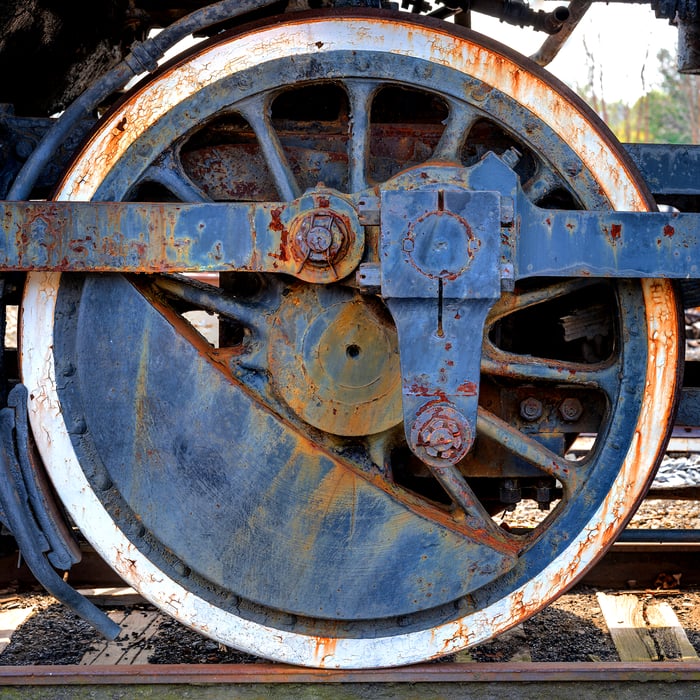235 megapixels! A very high resolution, large-format VAST photo print of a train wheel; fine art photograph created by Beyti Barbaros at the Steamtown Museum in Scranton, Pennsylvania.