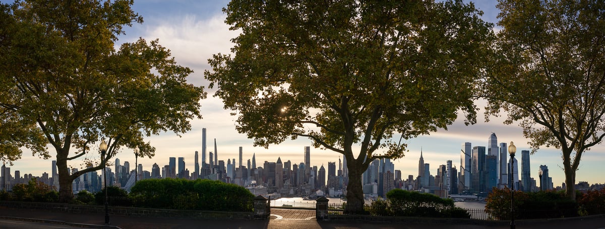 250 megapixels! A very high resolution, large-format VAST photo print of Hamilton Park in Weehawken, New Jersey with the New York City skyline in the background; photograph created by Jeff Lewis.