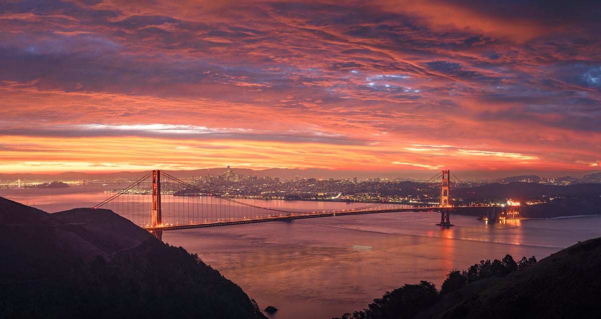 168 megapixels! A very high resolution, fine art VAST photo print of the San Francisco skyline during a vibrant sunrise with the Golden Gate Bridge in the foreground; fine art print created by Jeff Lewis in San Francisco, California.