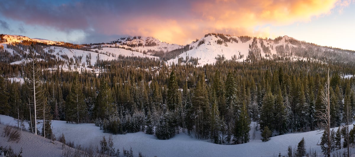 212 megapixels! A very high resolution, large-format VAST photo print of a ski resort landscape at sunset; photograph created by Jeff Lewis in Norden, California.