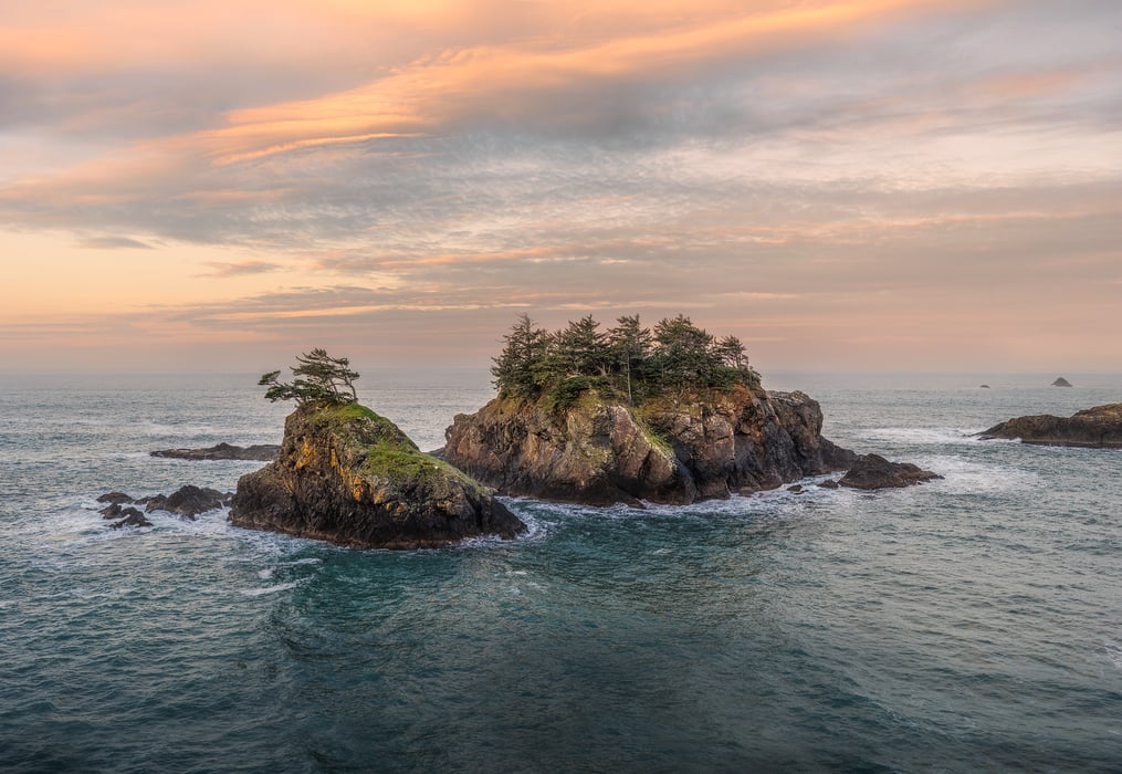 338 megapixels! A very high resolution, large-format VAST photo print of some tiny rocky islands with a few trees on them in the ocean in Seal Cove, part of the Thunder Rock area of Oregon; seascape photograph created by Chris Blake.