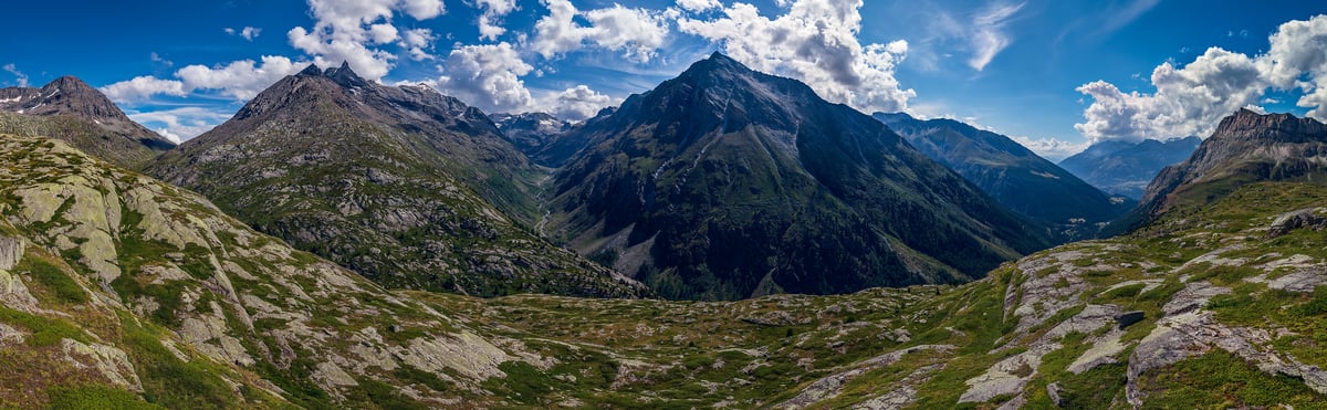 1,054 megapixels! A gigapixel VAST photo of a beautiful alpine landscape with mountains and valleys on a blue-sky day; digital file licensable for wall murals; photograph created by Duilio Fiorille in Lac Perrin Inférieur, Sentiers des Chèvres, 73500 Val-Cenis, France.