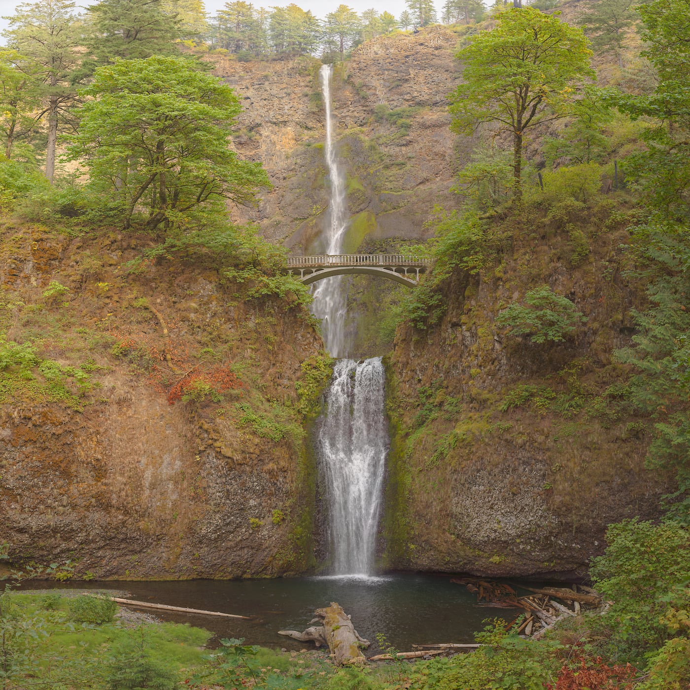 4,604 megapixels! A very high resolution, gigapixel photo of a beautiful waterfall in nature with a bridge over it; VAST photo created by John Freeman of Multnomah Falls in the Columbia River Gorge, Oregon.