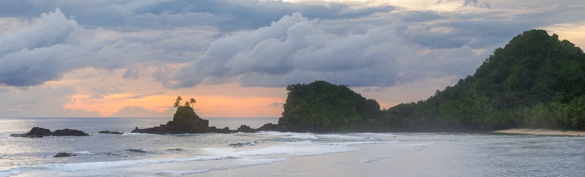 307 megapixels! A very high resolution, large-format VAST photo print of a tropical beach seascape at sunset; panorama photograph created by Chris Blake in American Samoa.