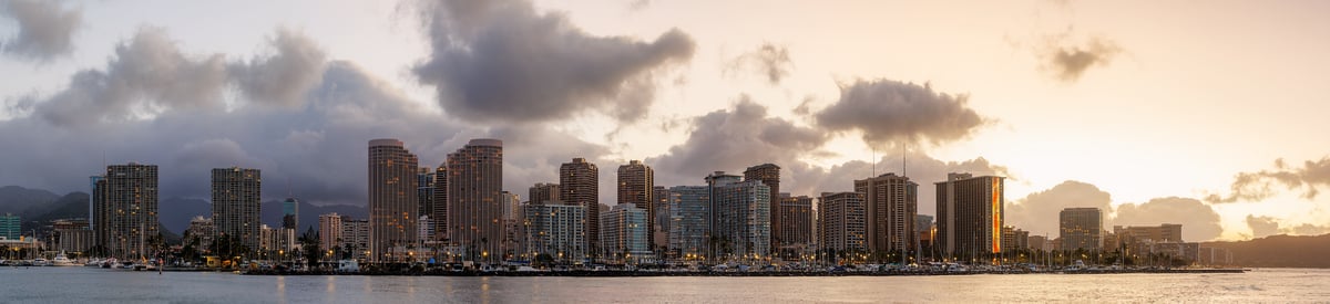 359 megapixels! A very high resolution, large-format VAST photo print of the Waikiki skyline at sunrise from Magic Island; cityscape photograph created by Chris Blake in Magic Island, Waikiki, Honolulu, Hawaii.