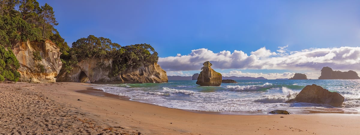 651 megapixels! A very high resolution VAST photo of a beach perfect for a wall mural; seascape photograph created by John Freeman at Cathedral Cove on North Island, New Zealand.