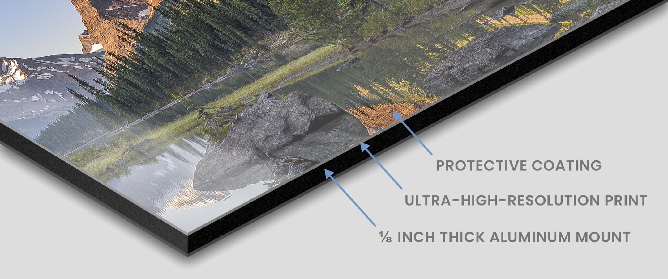 A close-up image of a VAST Print photo product showing the layers of material used and the extremely high quality it has.